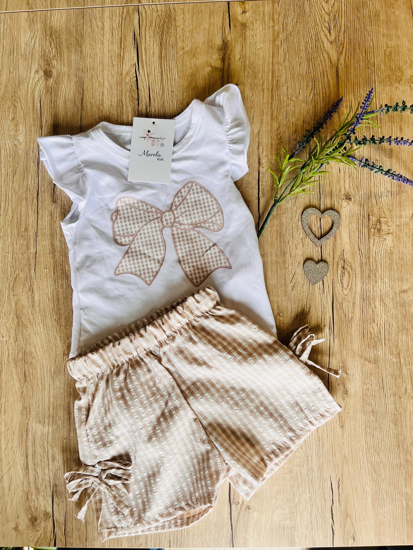 Conjunto lazos + pantalón cuadro Vichy Beis